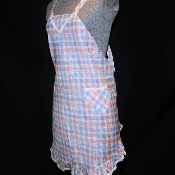 Vintage 70's Orange & Blue Plaid Check Full Bib Apron w/ Lace Criss Cross Back - Picture 6 of 11
